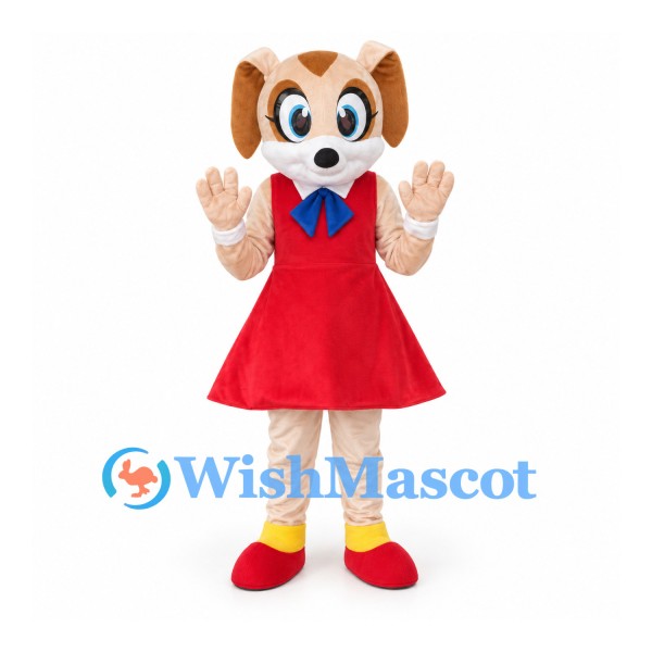 Dog Mascot Costume with Red Dress and Blue Neck Bow