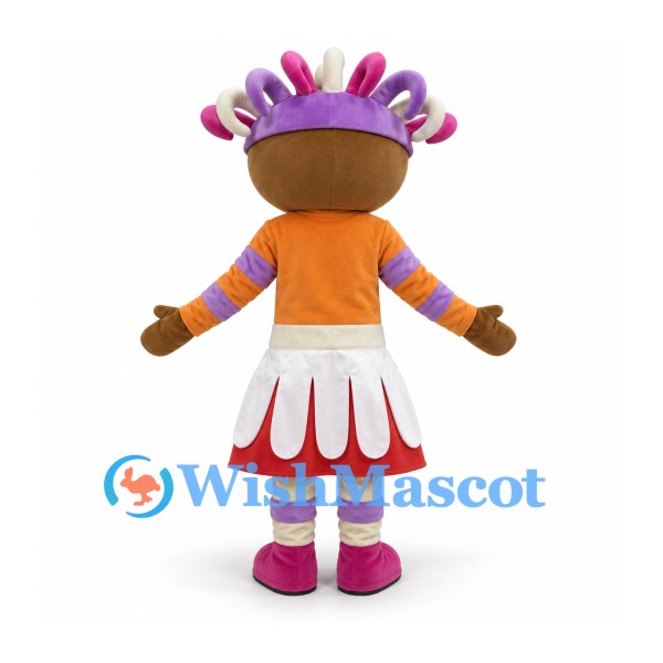 Doll Mascot Costume with Colorful Curled Hair and Patterned Skirt