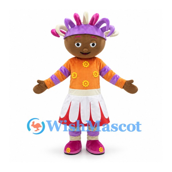 Doll Mascot Costume with Colorful Curled Hair and Patterned Skirt