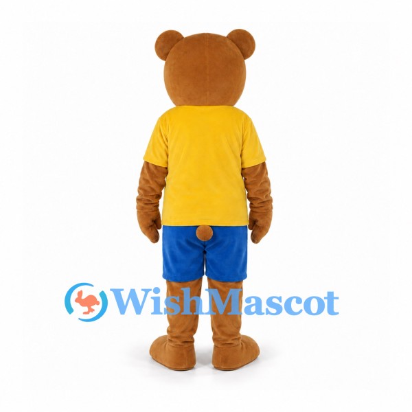 Bear Mascot Costume with Yellow Shirt and Blue Shorts