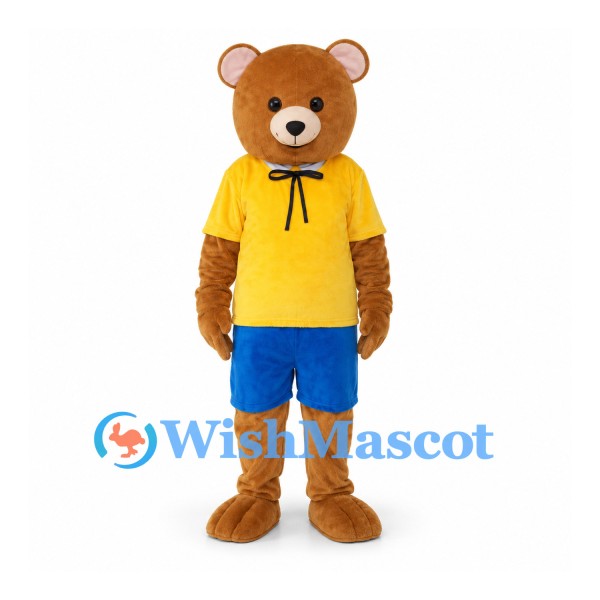 Bear Mascot Costume with Yellow Shirt and Blue Shorts