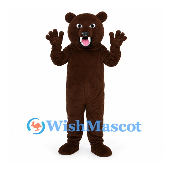Bear Mascot Costume in Dark Brown with Open Mouth and Paw Pads