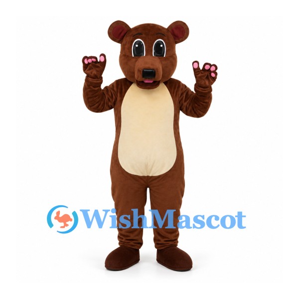 Bear Mascot Costume in Brown with Cream Belly and Pink Paw Pads