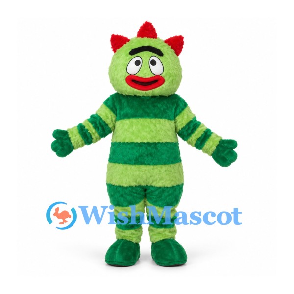 Monster Mascot Costume with Green Stripes and Red Head Spikes