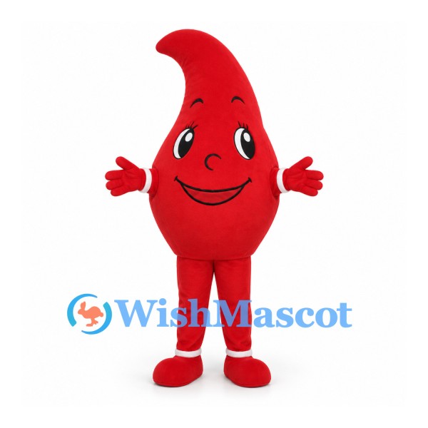 Blood Drop Mascot Costume in Red with Smiling Face