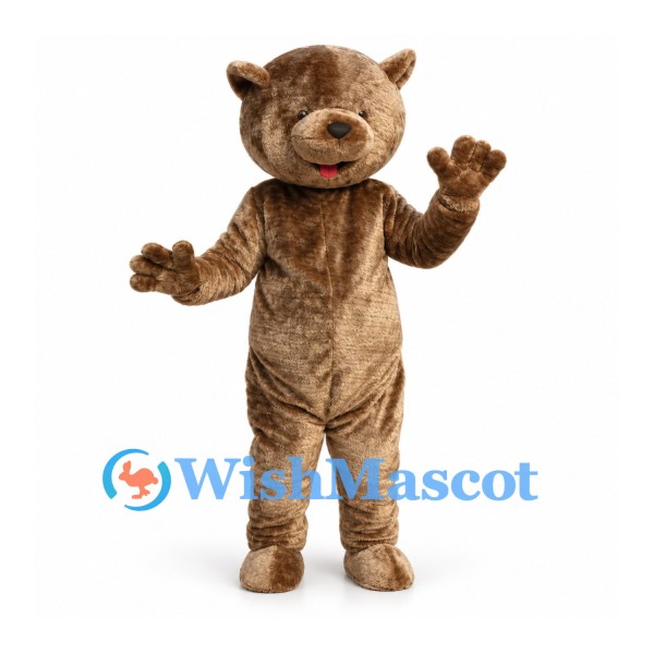 Teddy Bear Mascot Costume in Brown with Rounded Muzzle and Red Tongue