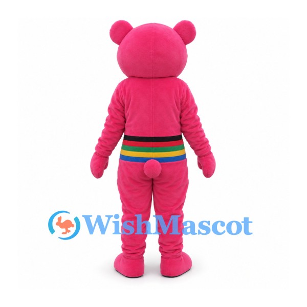 Bear Mascot Costume in Pink with Rainbow Belly Stripes