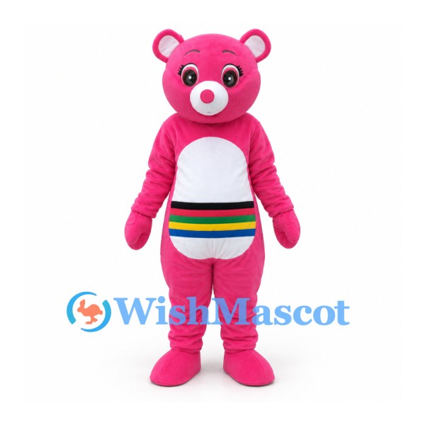 Bear Mascot Costume in Pink with Rainbow Belly Stripes