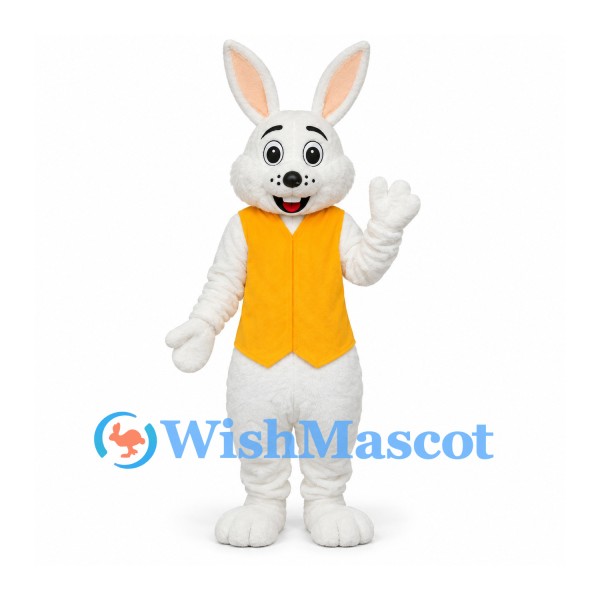 Rabbit Mascot Costume in White with Yellow Vest