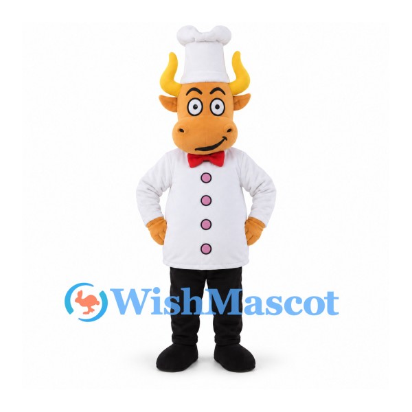 Bull Chef Mascot Costume with White Coat and Tall Hat