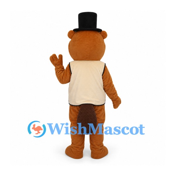 Beaver Mascot Costume with Black Top Hat and Cream Vest