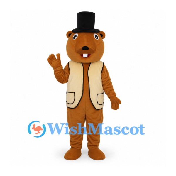 Beaver Mascot Costume with Black Top Hat and Cream Vest