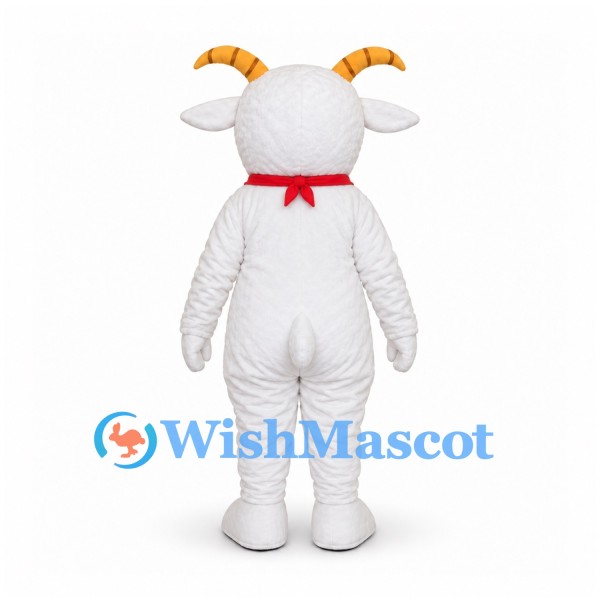 Goat Mascot Costume in White with Yellow Horns and Red Scarf