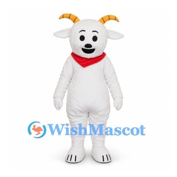 Goat Mascot Costume in White with Yellow Horns and Red Scarf