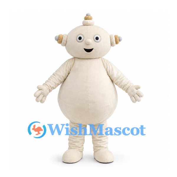 Fantasy Character Mascot Costume in Cream with Round Belly and Head Antenna