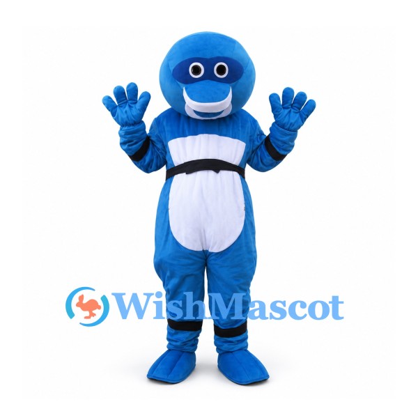 Ninja Mascot Costume in Blue with White Belly and Black Belt