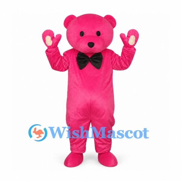 Bear Mascot Costume in Pink with Black Bow Tie and Heart Paw Pads
