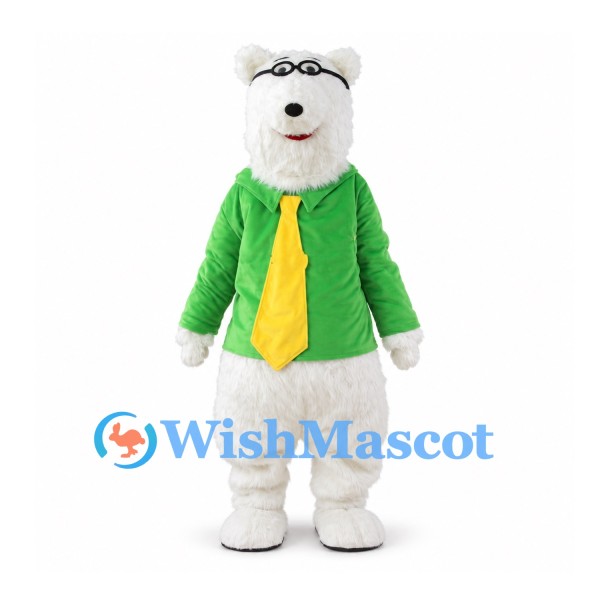 Bear Mascot Costume in White with Green Jacket and Yellow Tie