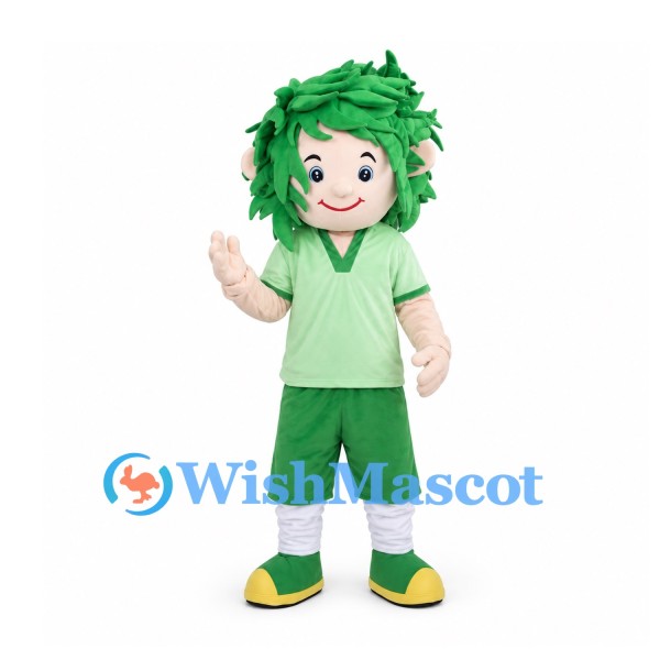 Boy Mascot Costume with Green Leaf Hair and Green Shorts