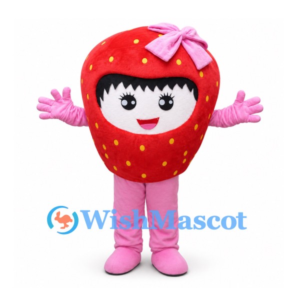 Strawberry Girl Mascot Costume with Pink Bow and Red Fruit Body