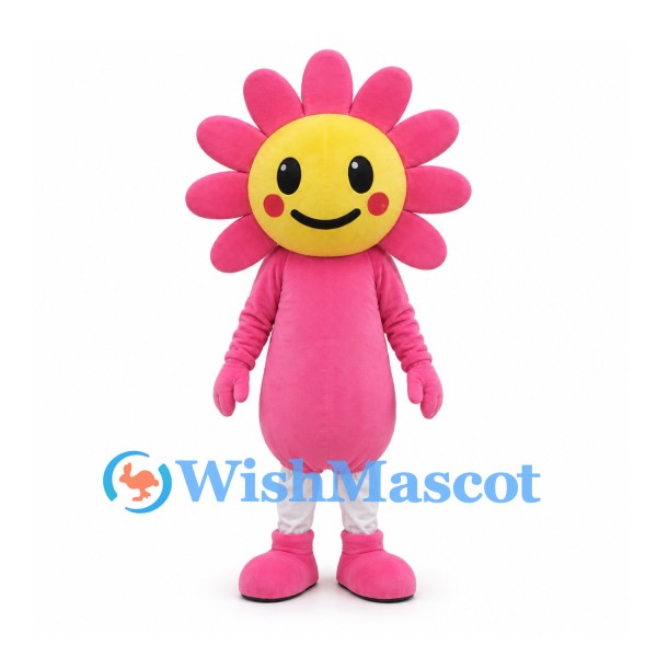 Flower Mascot Costume with Pink Petals and Yellow Face