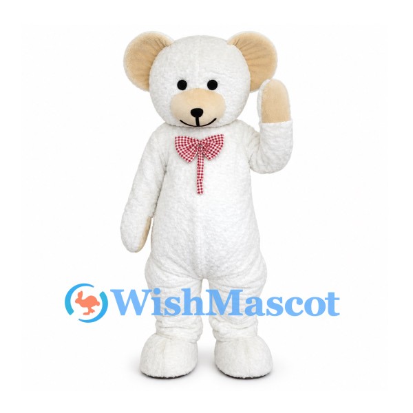 Bear Mascot Costume in White with Cream Ears and Pink Bow