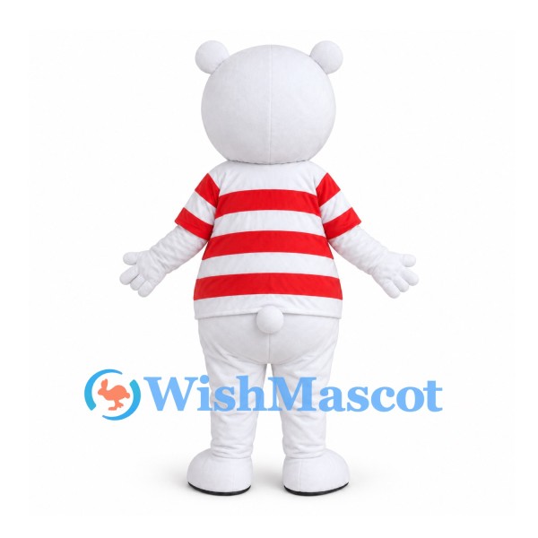 Bear Mascot Costume in White with Red Striped Shirt