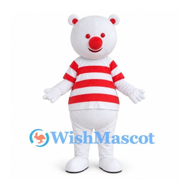 Bear Mascot Costume in White with Red Striped Shirt