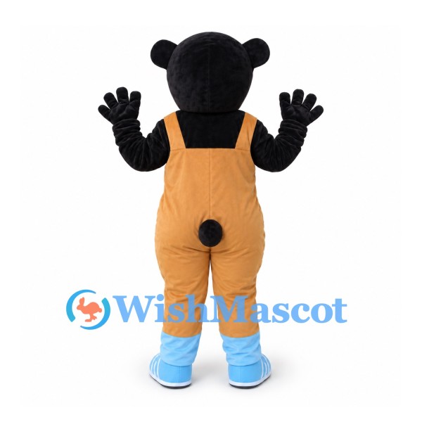 Bear Mascot Costume in Black with Orange Overalls