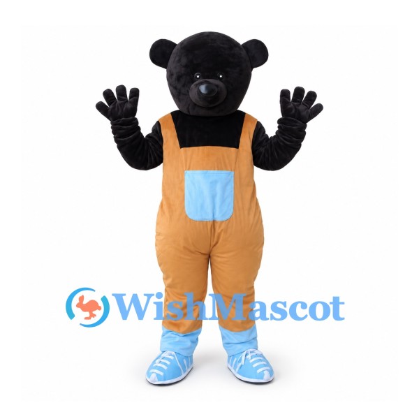 Bear Mascot Costume in Black with Orange Overalls