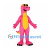 Dinosaur Mascot Costume in Pink with Yellow Belly and Sunglasses