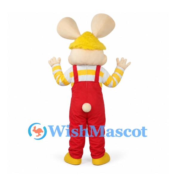 Rabbit Builder Mascot Costume with Yellow Hard Hat and Red Overalls