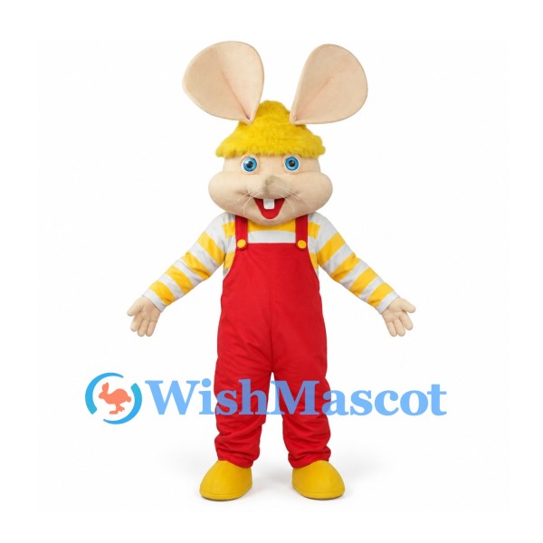 Rabbit Builder Mascot Costume with Yellow Hard Hat and Red Overalls