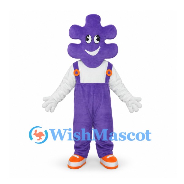Puzzle Piece Mascot Costume in Purple with Overalls