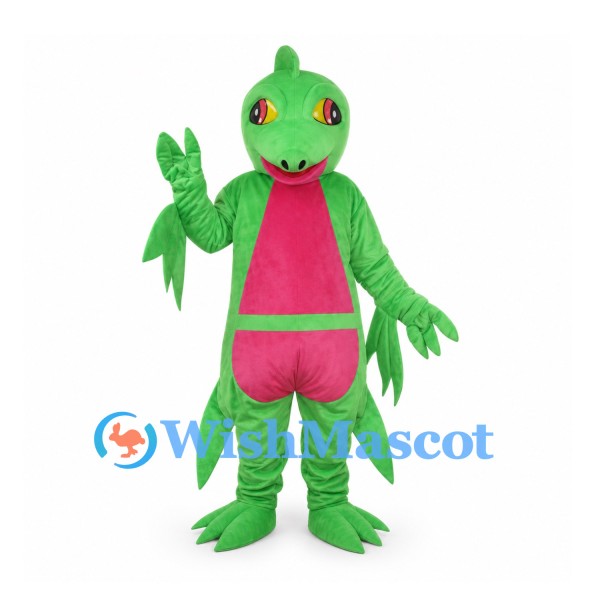 Lizard Mascot Costume in Green with Pink Belly and Side Fins