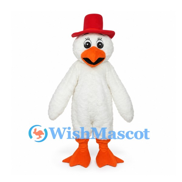 Duck Mascot Costume in White with Red Top Hat