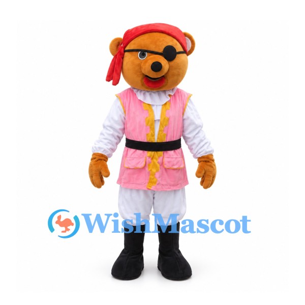 Pirate Bear Mascot Costume with Pink Vest and Red Bandana