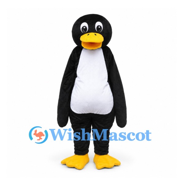 Penguin Mascot Costume in Black with White Belly and Yellow Bill