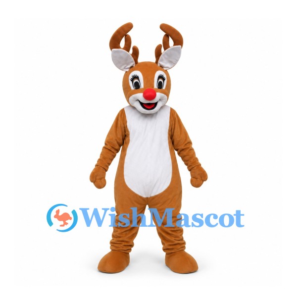 Reindeer Mascot Costume in Brown with Red Nose