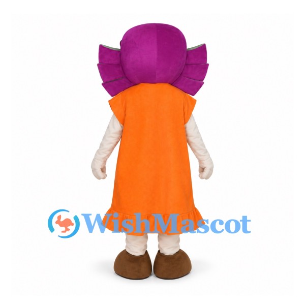 Girl Mascot Costume with Purple Hair and Orange Dress