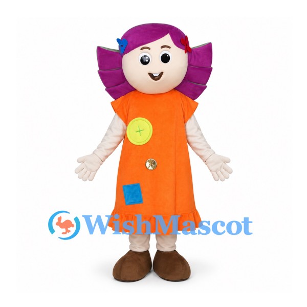 Girl Mascot Costume with Purple Hair and Orange Dress