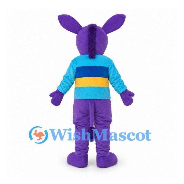 Donkey Mascot Costume in Purple with Blue Striped Shirt