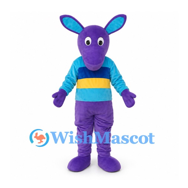 Donkey Mascot Costume in Purple with Blue Striped Shirt
