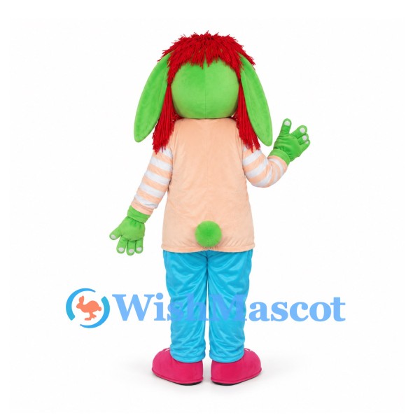 Rabbit Character Mascot Costume in Green with Red Hair and Blue Pants