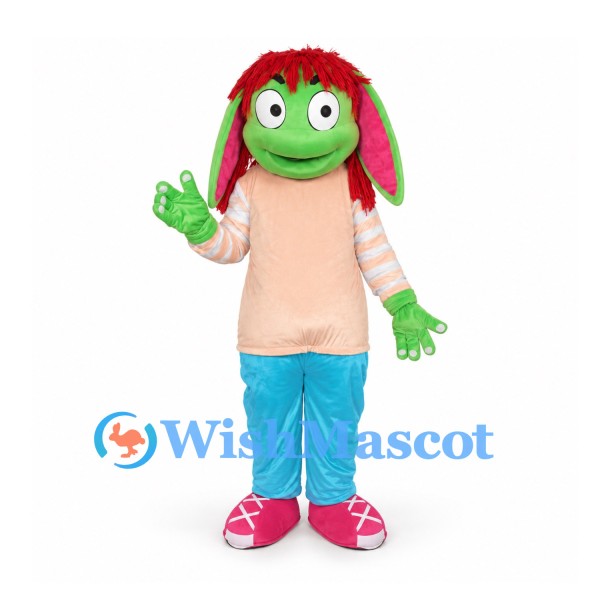 Rabbit Character Mascot Costume in Green with Red Hair and Blue Pants