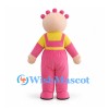 Doll Mascot Costume with Pink Overalls and Yellow Patches
