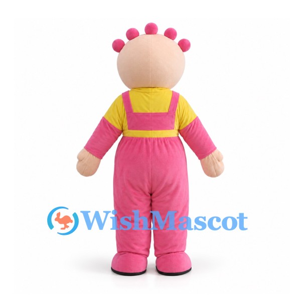 Doll Mascot Costume with Pink Overalls and Yellow Patches