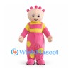 Doll Mascot Costume with Pink Overalls and Yellow Patches