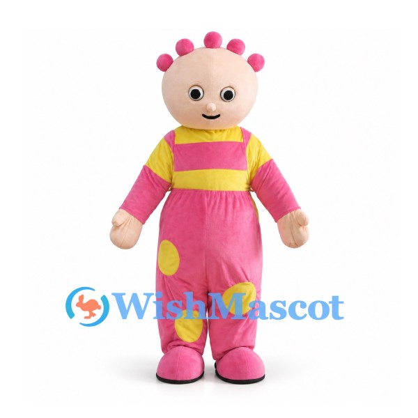 Doll Mascot Costume with Pink Overalls and Yellow Patches
