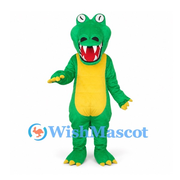Crocodile Mascot Costume in Green with Yellow Belly and Open Mouth